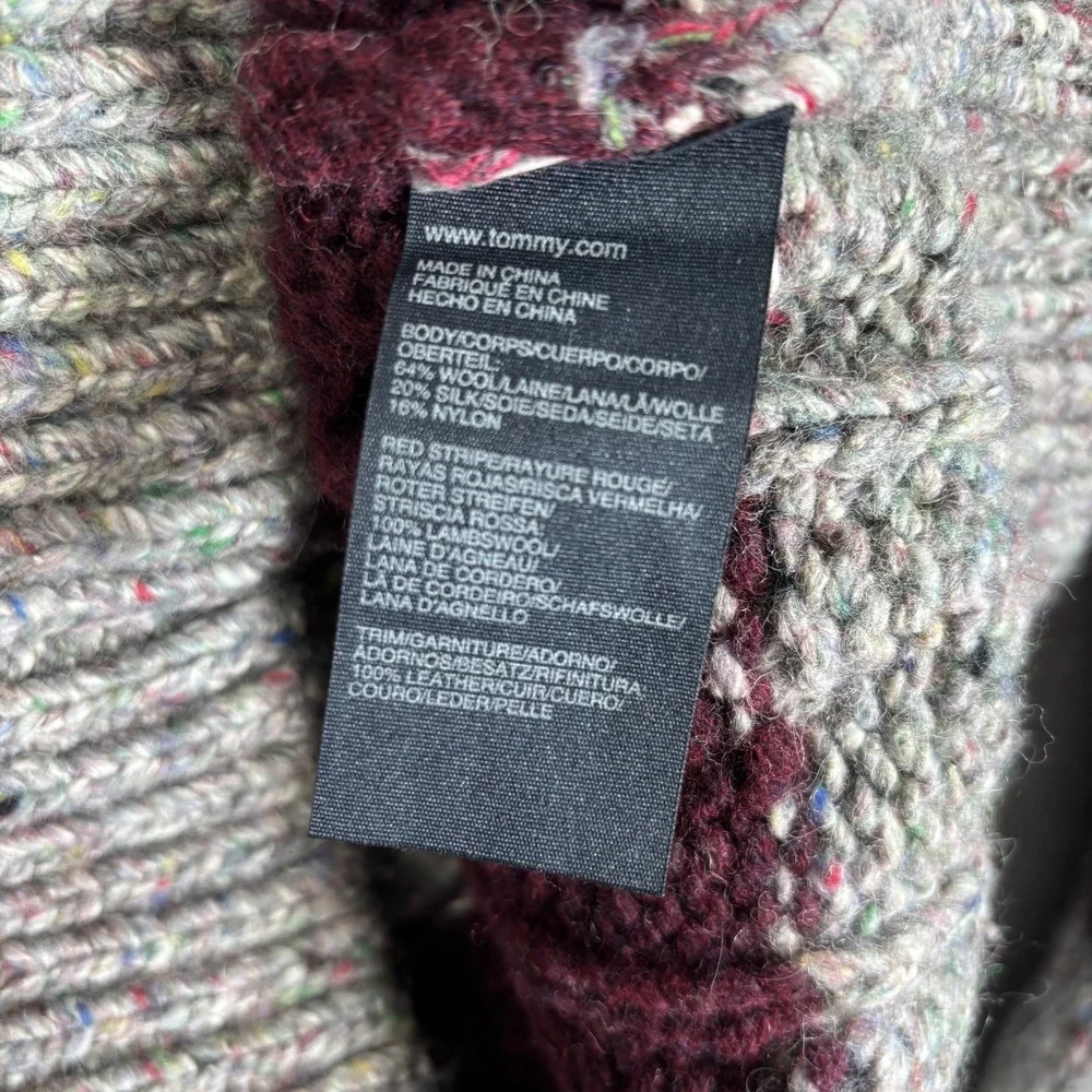 Tommy Hilfiger Sweater Mens XXL Silk Wool Burgundy Grey Striped Knit Elbow Patch
